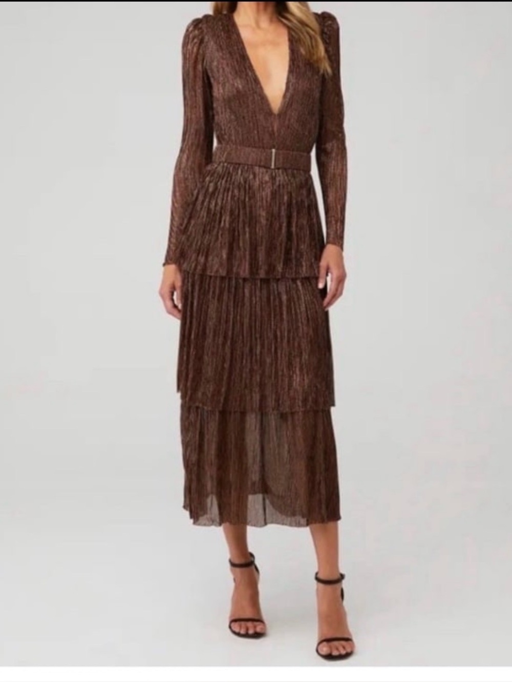 Sabina Musayev "Carry" Tiered Metallic Midi Dress Bronze Shimmer Pleated Medium